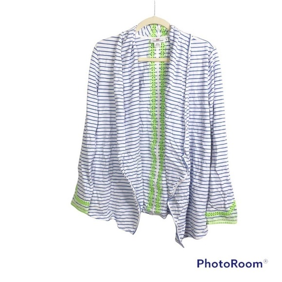 Vineyard Vines blue and white striped open front cardigan with green eyelet - Picture 1 of 4